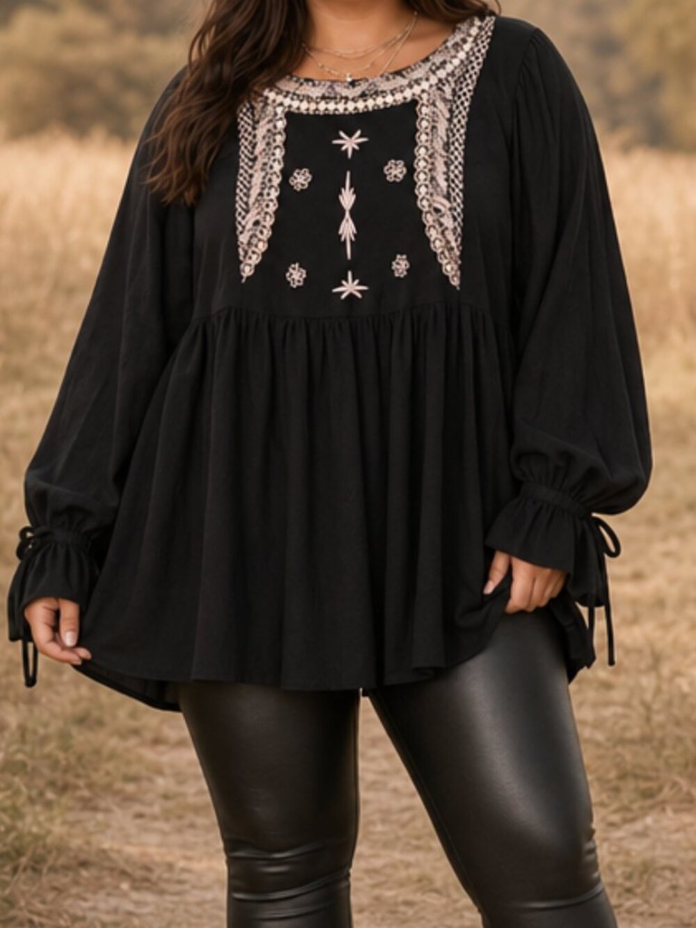 Ananada's Collection Black Boho Embroidered Billow Sleeve Women's Tunic Top XL